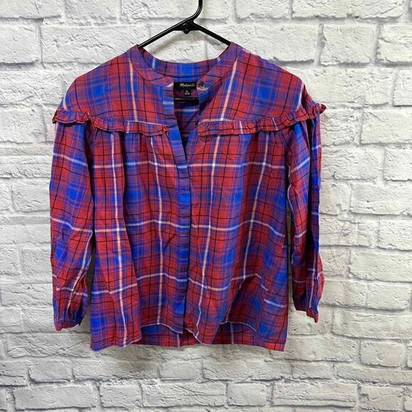 Madewell Shirt Womens XS Red Blue Plaid Shirred Long‎ Sleeve Button Down Ruffle - Picture 1 of 5
